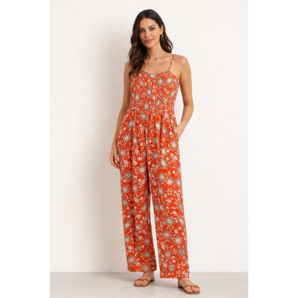 NWT LOFT Beach Orange Floral Smocked Flowy Tie Back Jumpsuit